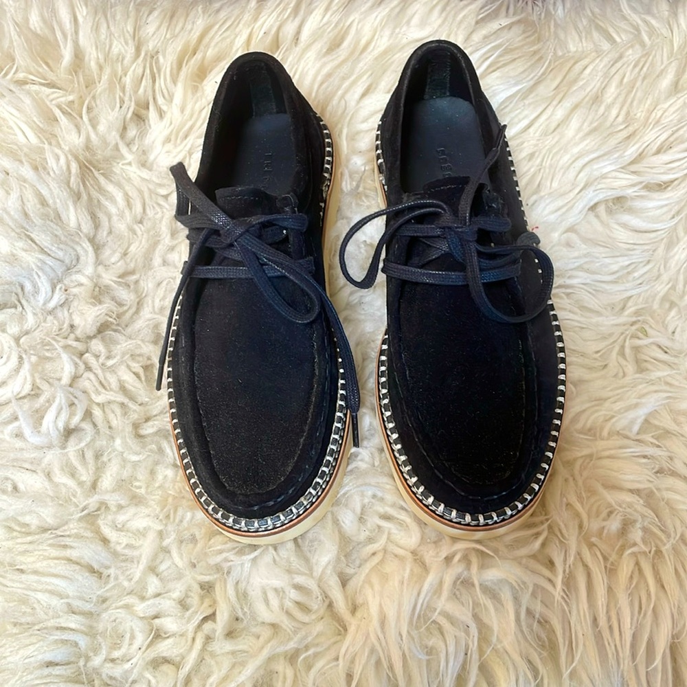 Freda Salvador Willow Lug Moccasin, Black Suede Calf Leather, Size 7.
